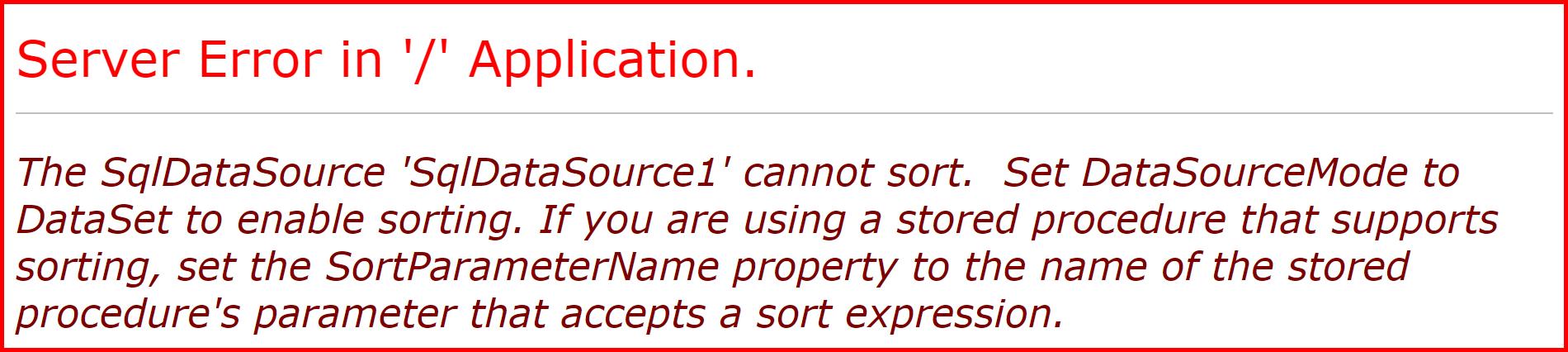 Picture showing the error message when user do the sorting in datareader mode